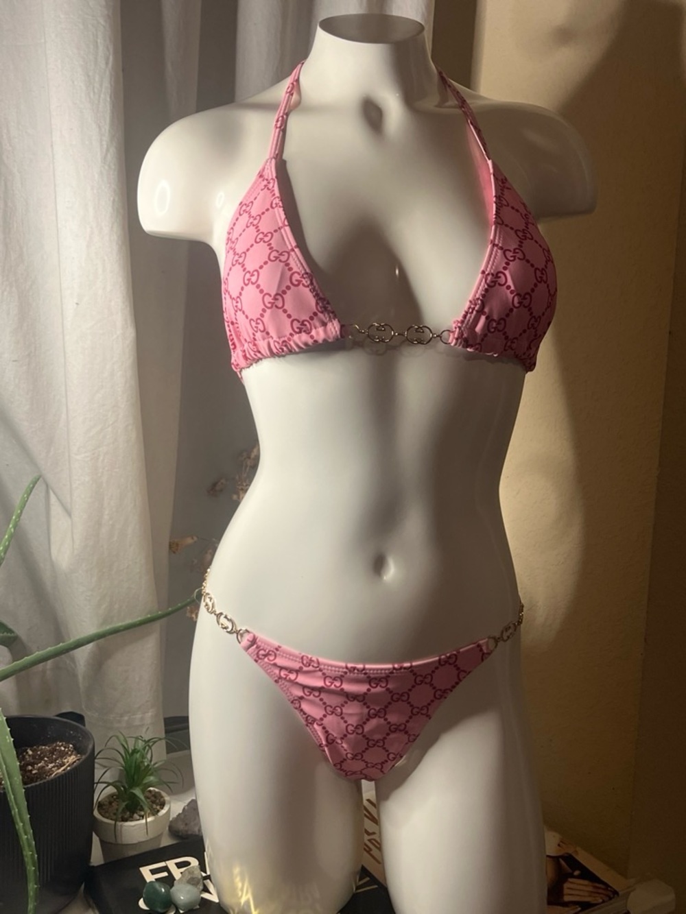Gucci Pink GG Chain-Accent Triangle Bikini